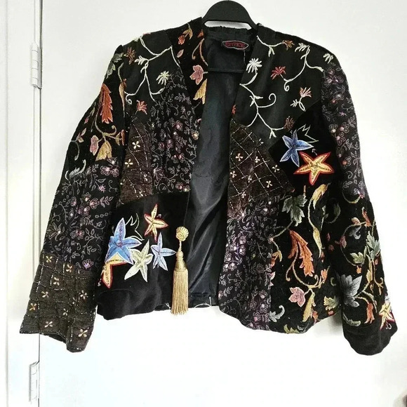Vintage Entice Embroidered Patch Work Black Jacket XL - Picture 1 of 8